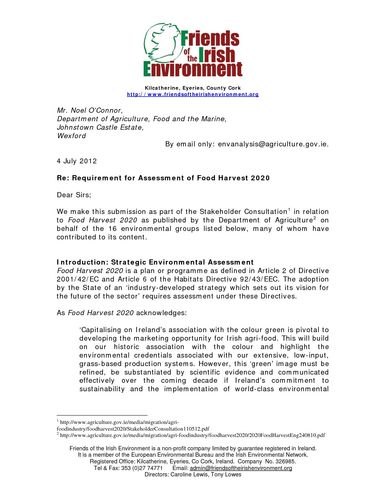 Publication cover - Friends of the Irish Environment Submission On Food Harvest 2020 4.07.12