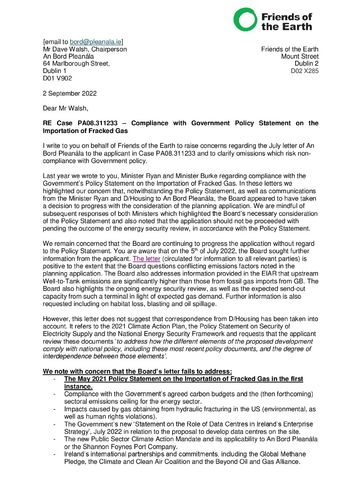 FoE Letter to ABP about Shannon LNG and the Gov policy on fracked gas Sept 2022