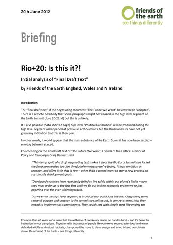Publication cover - Rio+20 outcome analysis by Friends of the Earth UK